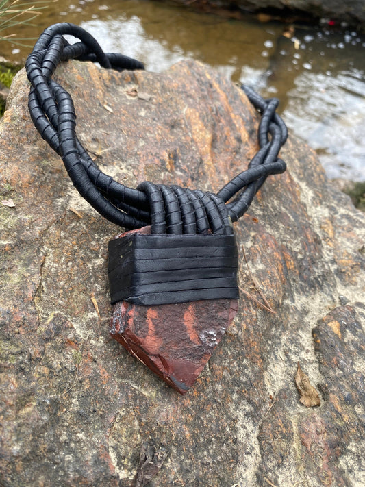 Red Tigers Eye & Twisted Black Leather