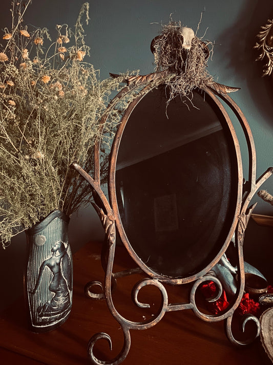 Black Scrying Mirror With Raven Head